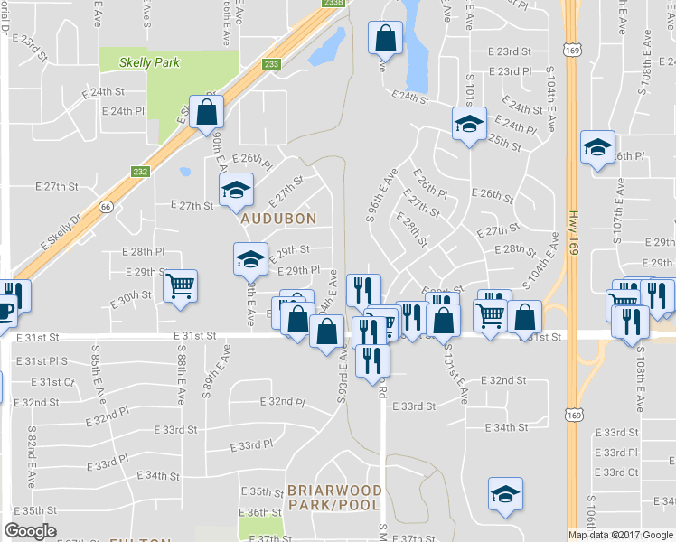 map of restaurants, bars, coffee shops, grocery stores, and more near 2927 South 94th East Avenue in Tulsa