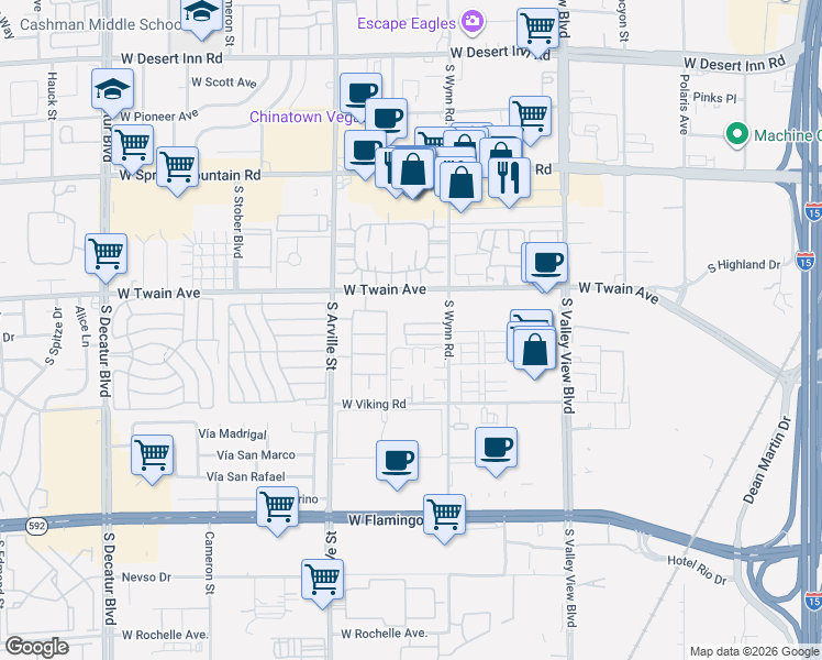 map of restaurants, bars, coffee shops, grocery stores, and more near 4170 Mississippi Avenue in Las Vegas