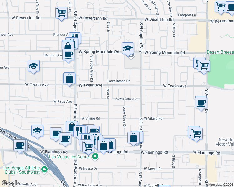 map of restaurants, bars, coffee shops, grocery stores, and more near 3755 Emerald Bay Circle in Las Vegas