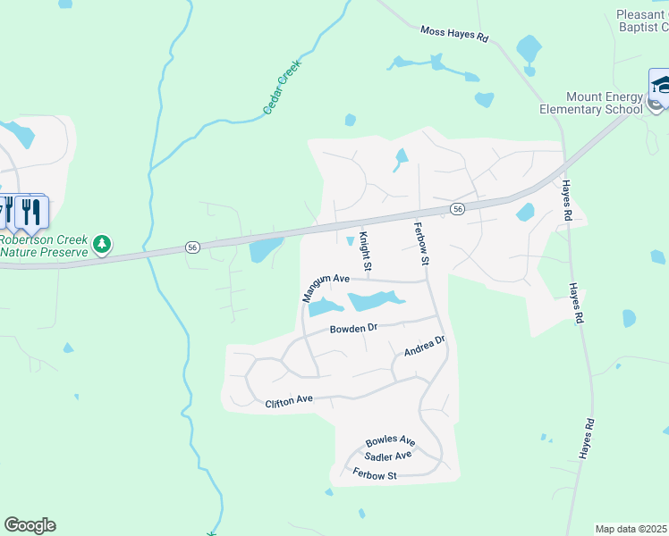 map of restaurants, bars, coffee shops, grocery stores, and more near 1419 Mangum Avenue in Creedmoor