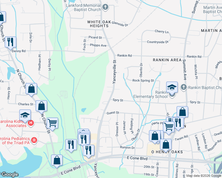 map of restaurants, bars, coffee shops, grocery stores, and more near in Greensboro