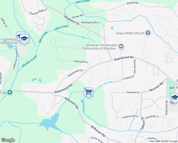 map of restaurants, bars, coffee shops, grocery stores, and more near 4250 Robinhood Road in Winston-Salem