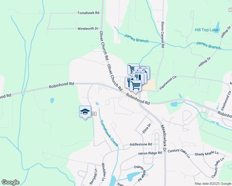 map of restaurants, bars, coffee shops, grocery stores, and more near 5310 Robinhood Road in Winston-Salem