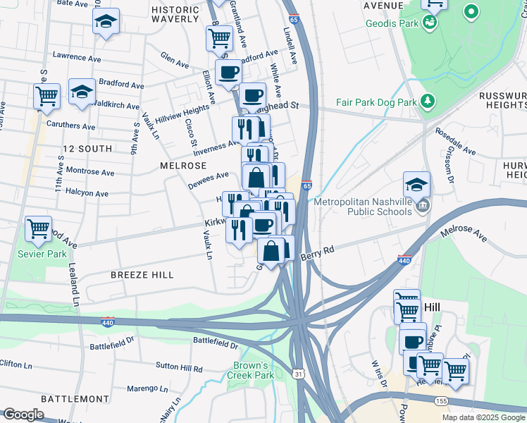 map of restaurants, bars, coffee shops, grocery stores, and more near 2708 8th Avenue South in Nashville