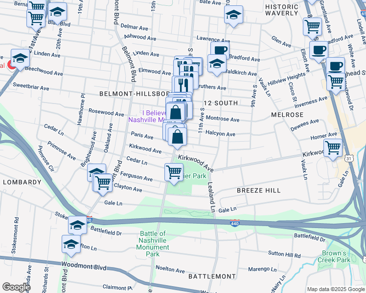 map of restaurants, bars, coffee shops, grocery stores, and more near 2900 12th Avenue South in Nashville