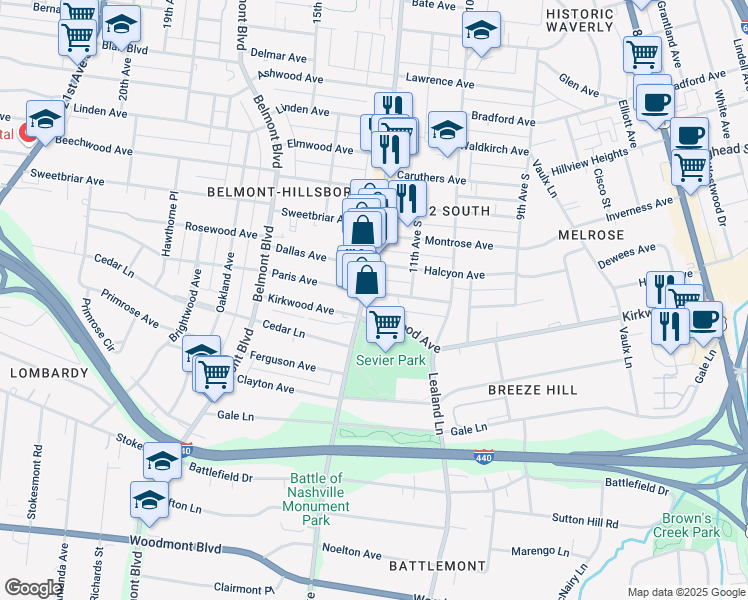 map of restaurants, bars, coffee shops, grocery stores, and more near 2900 12th Avenue South in Nashville