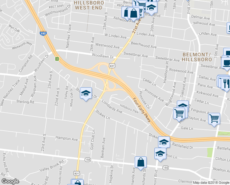 map of restaurants, bars, coffee shops, grocery stores, and more near 134 Hillsboro Place in Nashville