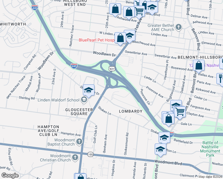 map of restaurants, bars, coffee shops, grocery stores, and more near 134 Hillsboro Place in Nashville