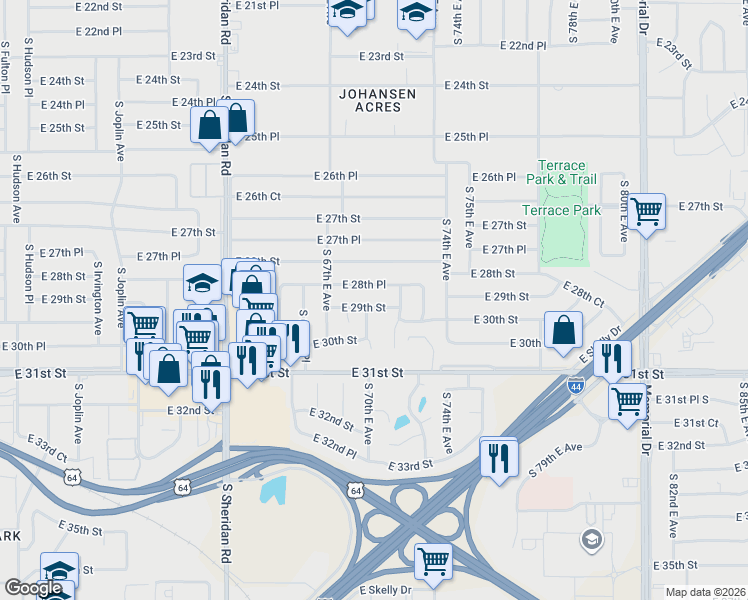 map of restaurants, bars, coffee shops, grocery stores, and more near 6913 East 29th Street in Tulsa