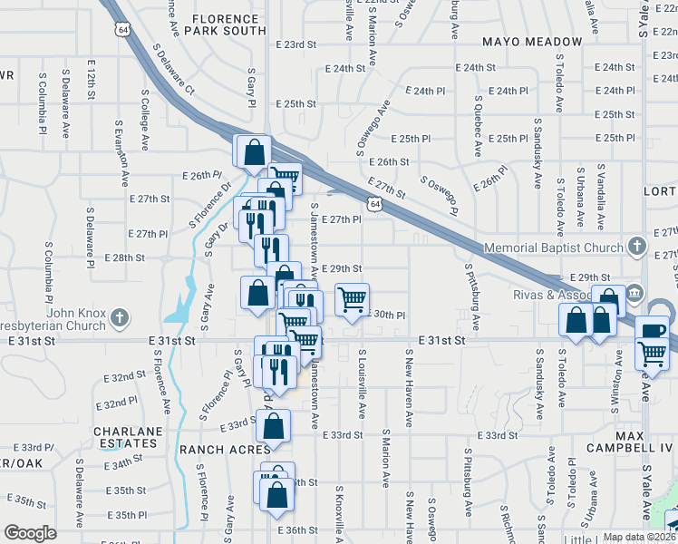 map of restaurants, bars, coffee shops, grocery stores, and more near 3527 East 29th Street in Tulsa