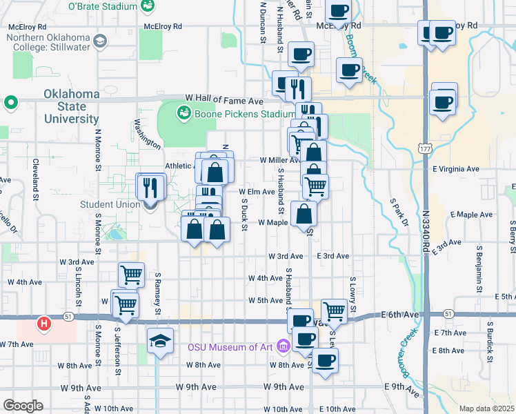 map of restaurants, bars, coffee shops, grocery stores, and more near in Stillwater