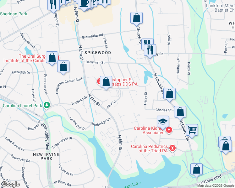 map of restaurants, bars, coffee shops, grocery stores, and more near 3100 North Elm Street in Greensboro