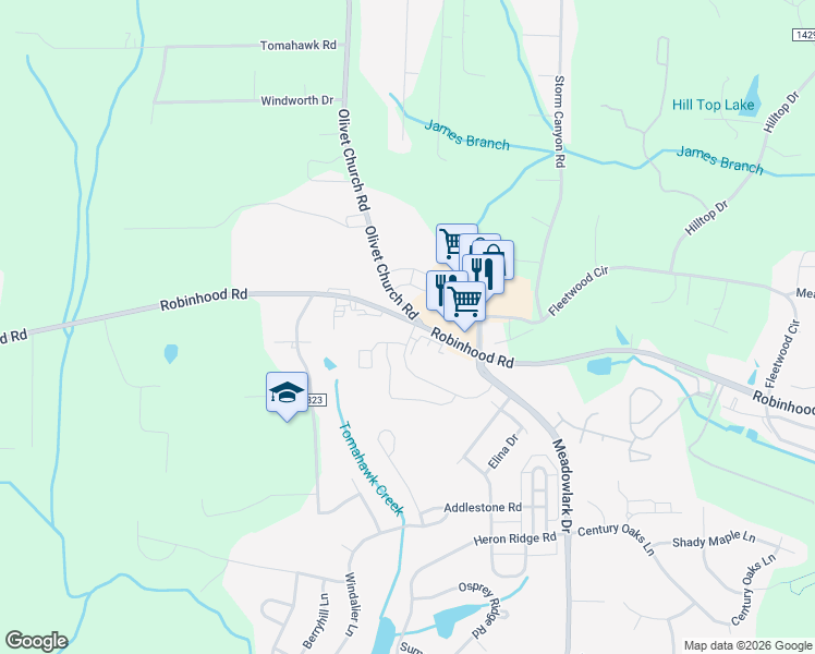 map of restaurants, bars, coffee shops, grocery stores, and more near 5310 Robinhood Road in Winston-Salem