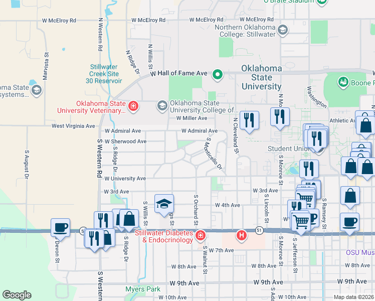 map of restaurants, bars, coffee shops, grocery stores, and more near 1817 West Arrowhead Place in Stillwater