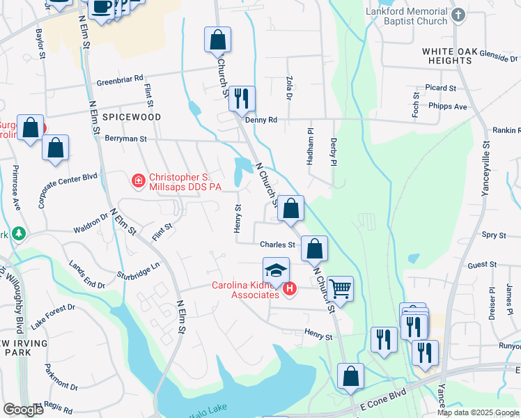 map of restaurants, bars, coffee shops, grocery stores, and more near 3207 Bach Terrace in Greensboro