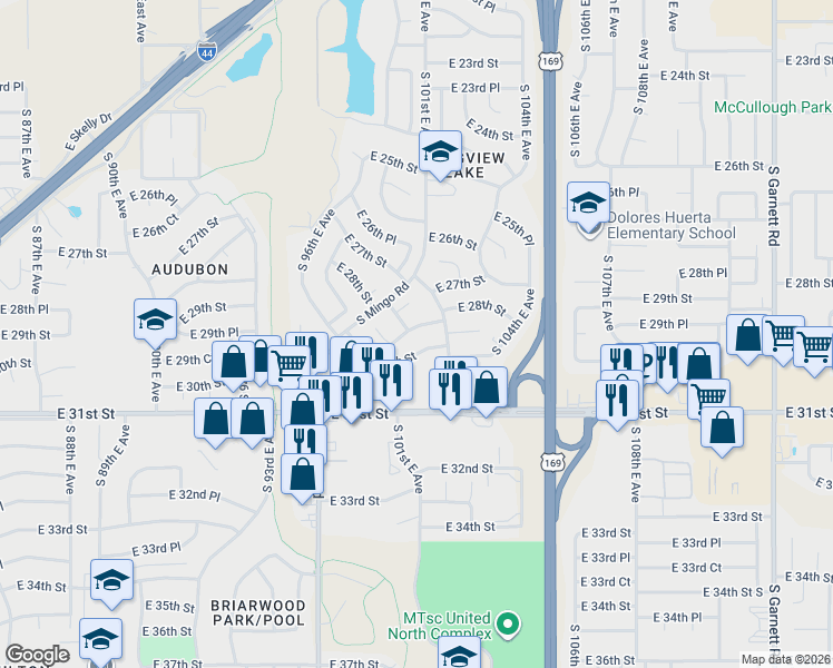 map of restaurants, bars, coffee shops, grocery stores, and more near 10008 East 28th Street in Tulsa