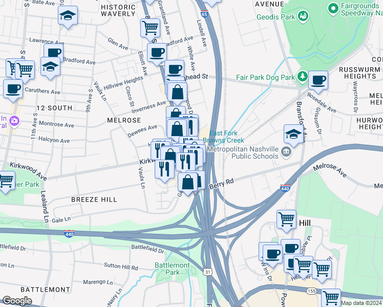 map of restaurants, bars, coffee shops, grocery stores, and more near 2708 8th Avenue South in Nashville