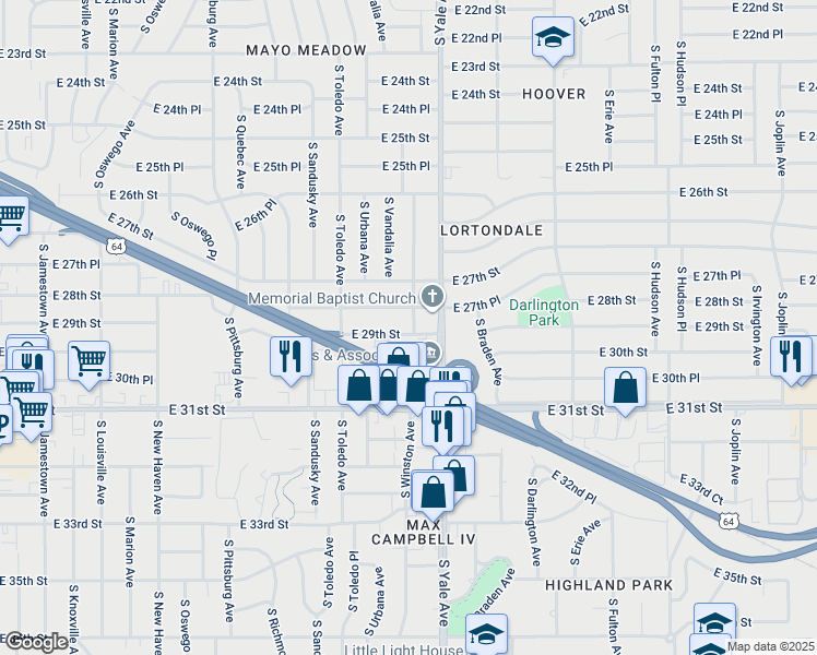 map of restaurants, bars, coffee shops, grocery stores, and more near 2818 South Winston Avenue in Tulsa