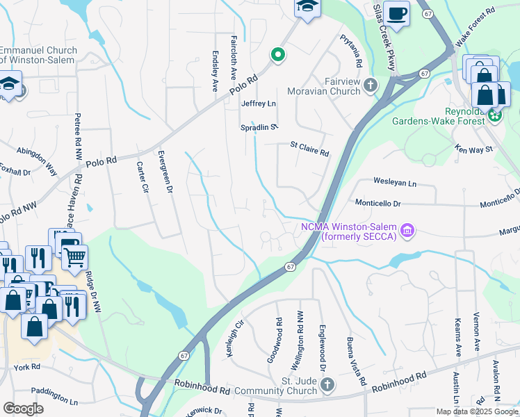 map of restaurants, bars, coffee shops, grocery stores, and more near 1255 Stadler Ridge Road in Winston-Salem