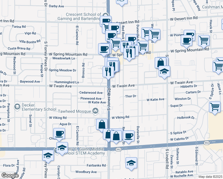 map of restaurants, bars, coffee shops, grocery stores, and more near 6085 West Twain Avenue in Las Vegas