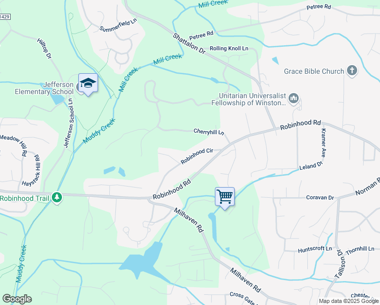 map of restaurants, bars, coffee shops, grocery stores, and more near 29 Robinhood Circle in Winston-Salem