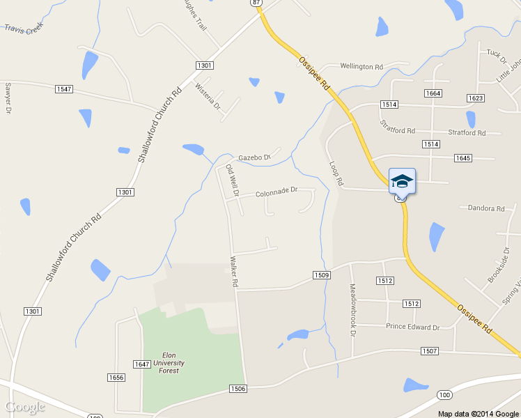 map of restaurants, bars, coffee shops, grocery stores, and more near 107 Palladium Ct in Elon