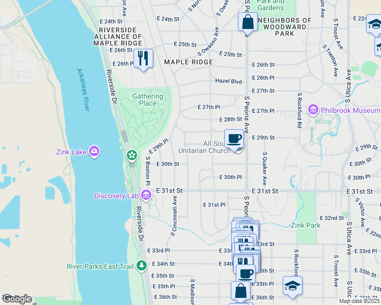 map of restaurants, bars, coffee shops, grocery stores, and more near 2939 S Detroit Ave in Tulsa