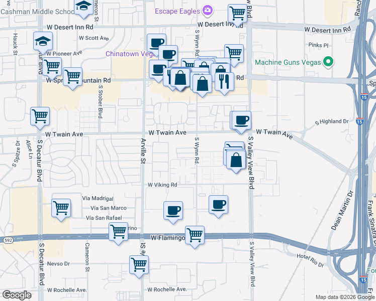 map of restaurants, bars, coffee shops, grocery stores, and more near 4170 Mississippi Avenue in Las Vegas