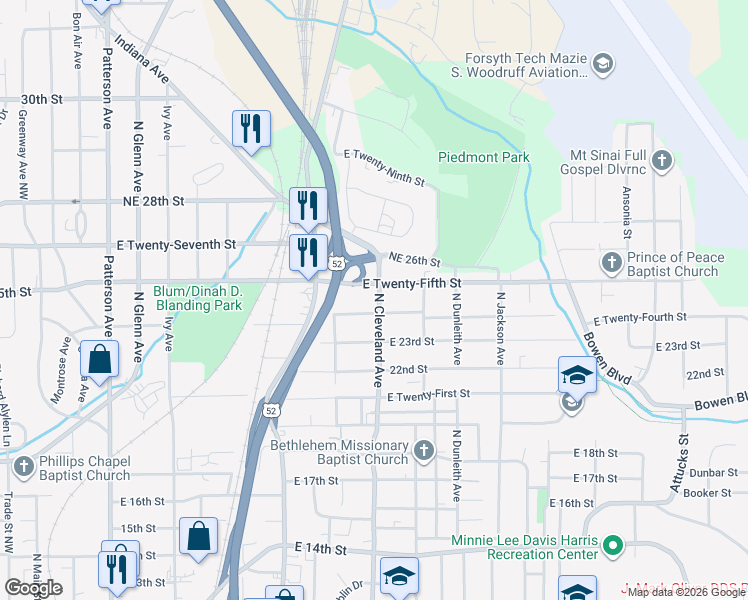 map of restaurants, bars, coffee shops, grocery stores, and more near 2412 North Cleveland Avenue in Winston-Salem