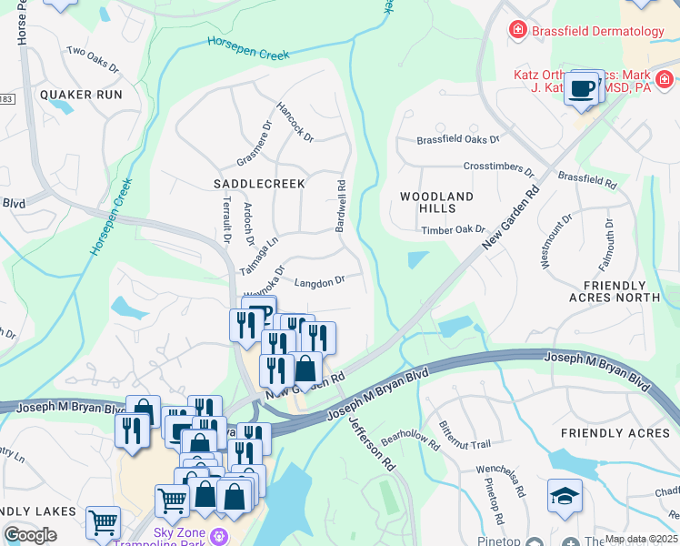 map of restaurants, bars, coffee shops, grocery stores, and more near 3804 Langdon Drive in Greensboro