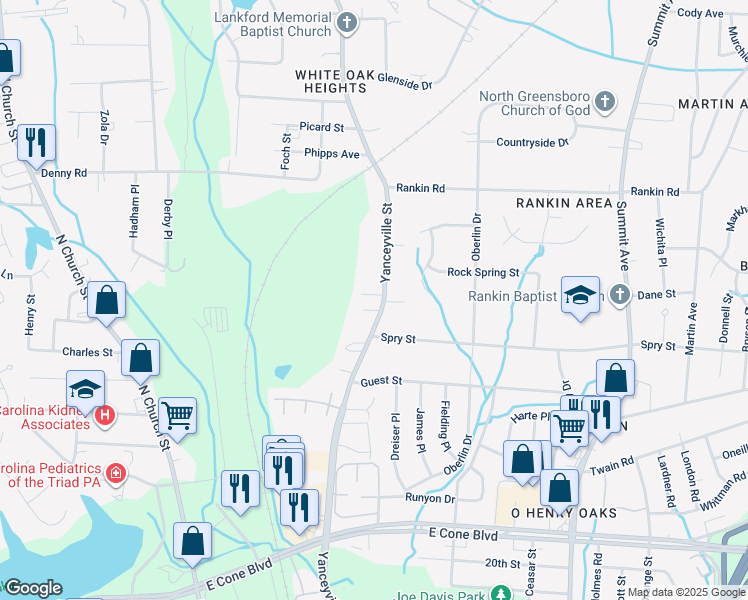 map of restaurants, bars, coffee shops, grocery stores, and more near 3409 Yanceyville Street in Greensboro