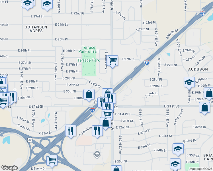 map of restaurants, bars, coffee shops, grocery stores, and more near 7940 E 27th Ct in Tulsa