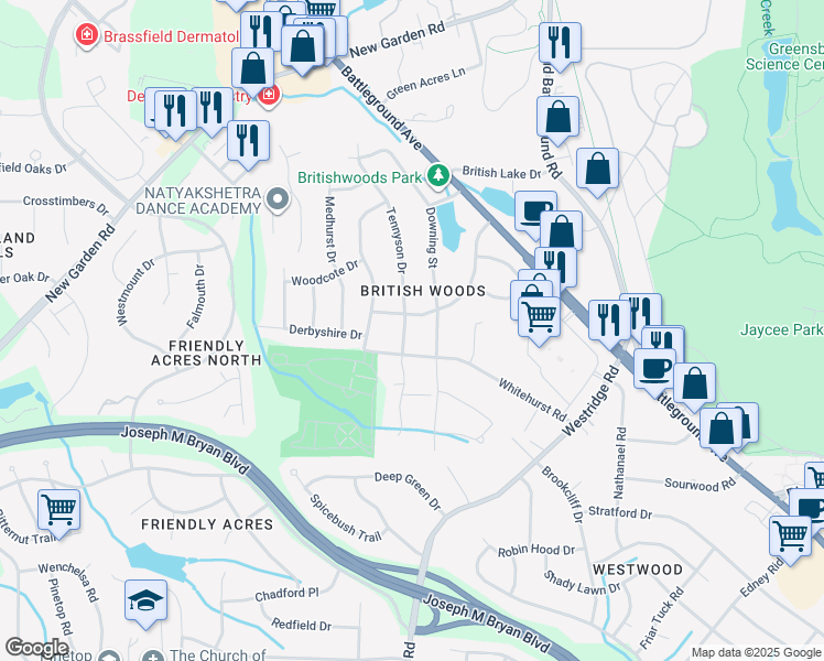 map of restaurants, bars, coffee shops, grocery stores, and more near 1904 Tennyson Drive in Greensboro