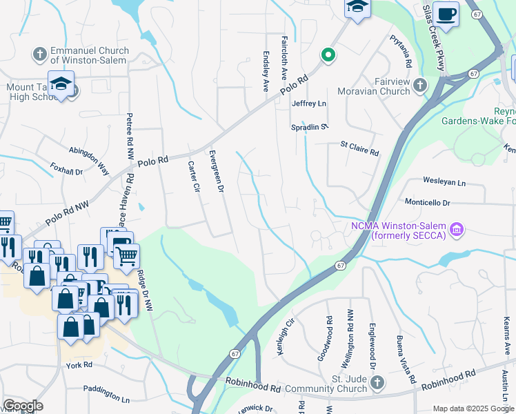 map of restaurants, bars, coffee shops, grocery stores, and more near 3126 Turkey Hill Court in Winston-Salem