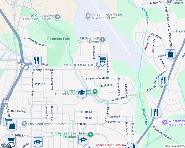 map of restaurants, bars, coffee shops, grocery stores, and more near 20 East 5th Street in Winston-Salem