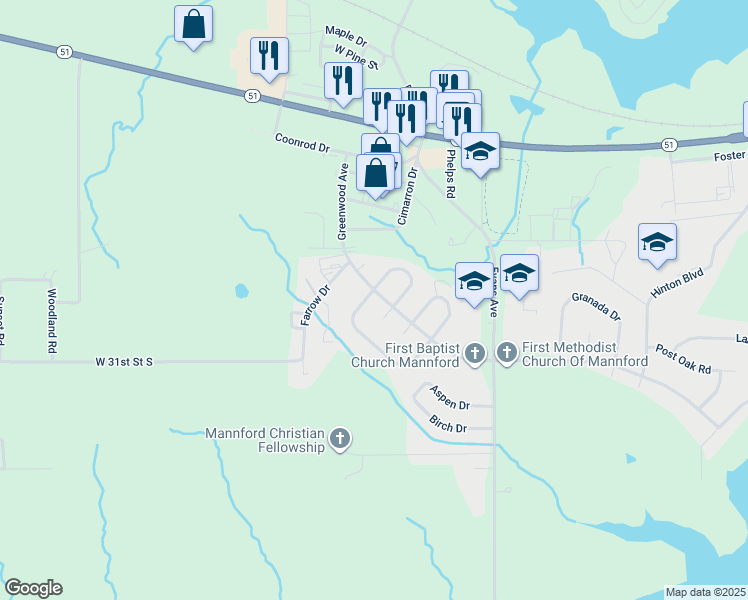 map of restaurants, bars, coffee shops, grocery stores, and more near 101 Greenbrier Circle in Mannford