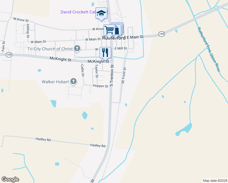 map of restaurants, bars, coffee shops, grocery stores, and more near 508 S Trenton St in Rutherford