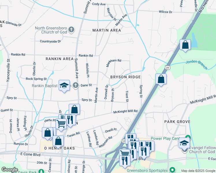map of restaurants, bars, coffee shops, grocery stores, and more near 3405 Bryson Street in Greensboro