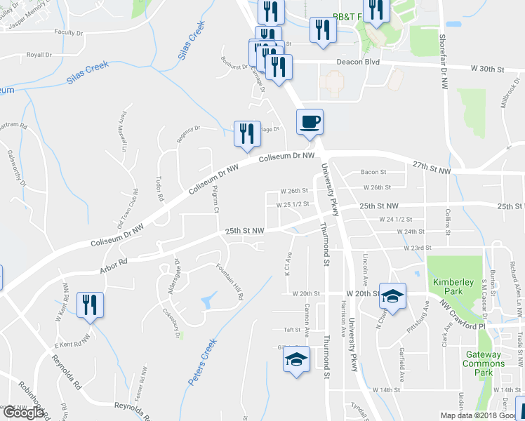 map of restaurants, bars, coffee shops, grocery stores, and more near 2524 Kirkwood Street in Winston-Salem