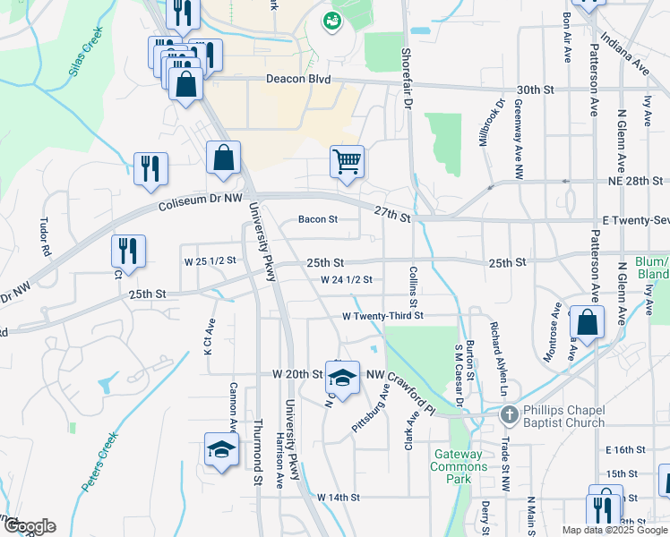 map of restaurants, bars, coffee shops, grocery stores, and more near 444 25th Street in Winston-Salem