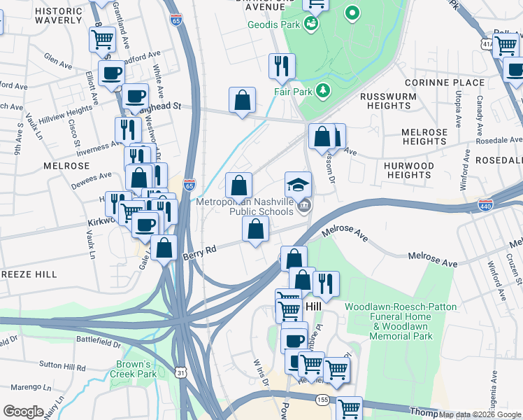 map of restaurants, bars, coffee shops, grocery stores, and more near 2689 Fessey Court in Nashville