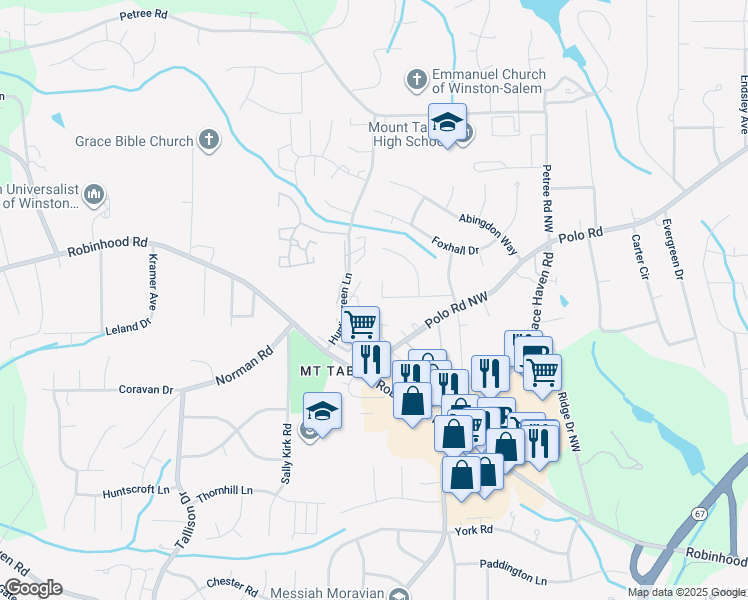 map of restaurants, bars, coffee shops, grocery stores, and more near 1212 Willowlake Court in Winston-Salem