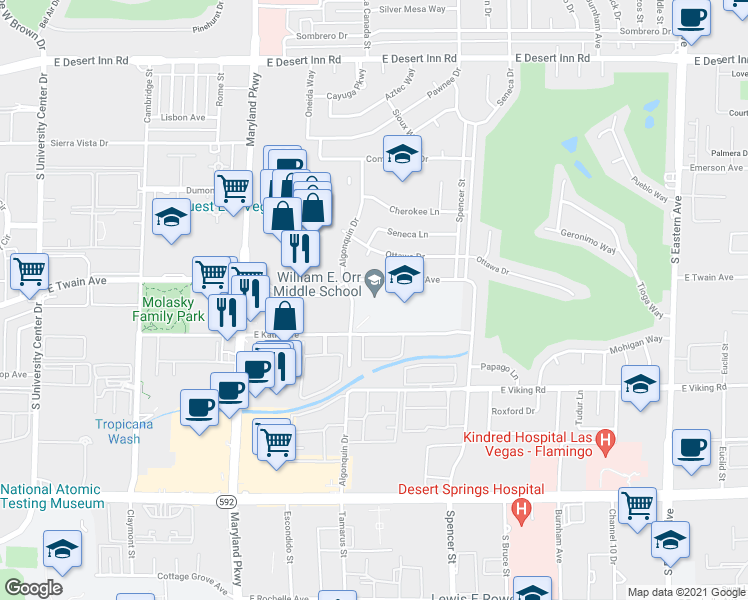 map of restaurants, bars, coffee shops, grocery stores, and more near 1562 East Katie Avenue in Las Vegas