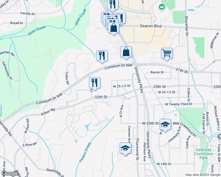 map of restaurants, bars, coffee shops, grocery stores, and more near 2524 Kirkwood Street in Winston-Salem