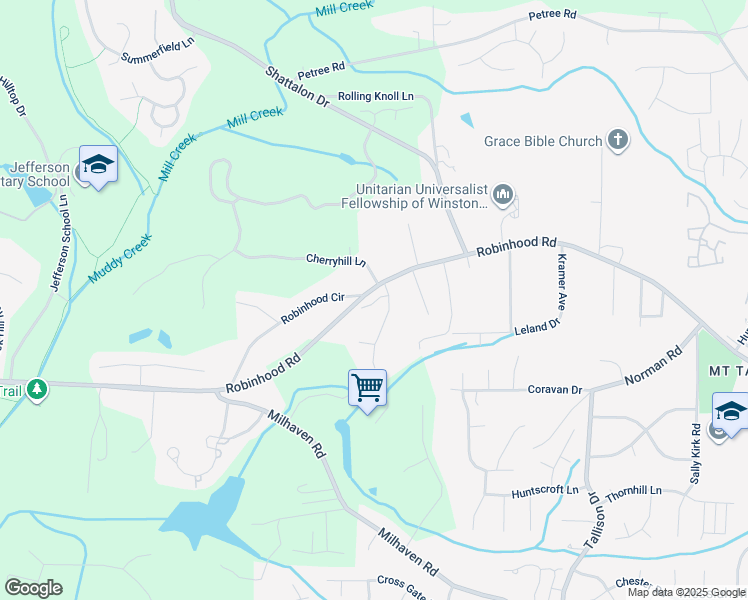map of restaurants, bars, coffee shops, grocery stores, and more near 4250 Robinhood Road in Winston-Salem