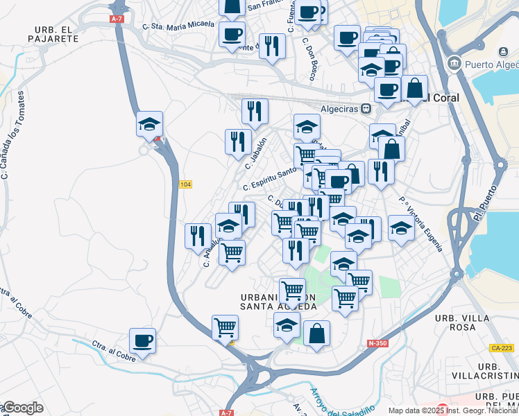 map of restaurants, bars, coffee shops, grocery stores, and more near 4 Calle Sánchez Mejías in Algeciras