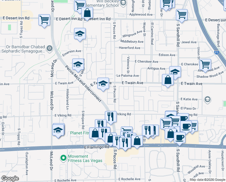 map of restaurants, bars, coffee shops, grocery stores, and more near 3392 South Pecos Road in Las Vegas