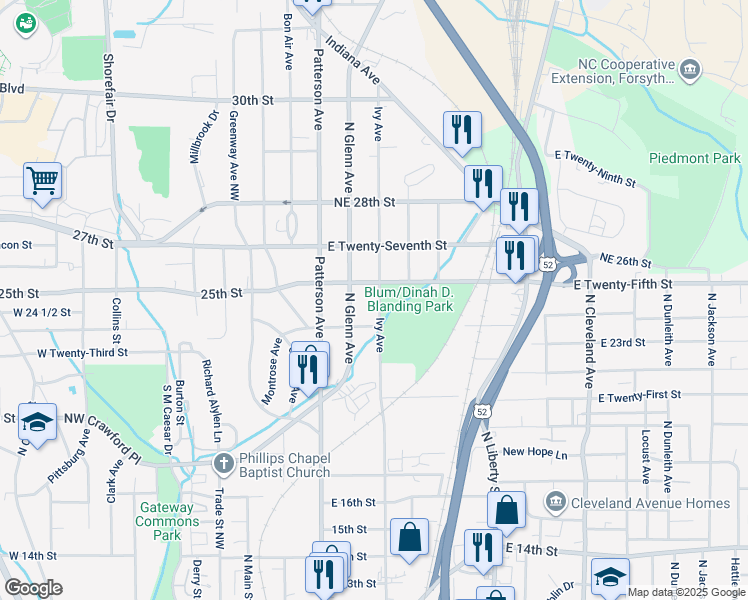 map of restaurants, bars, coffee shops, grocery stores, and more near 2424 Ivy Avenue in Winston-Salem