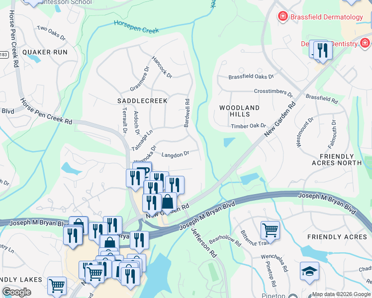map of restaurants, bars, coffee shops, grocery stores, and more near 3804 Langdon Drive in Greensboro