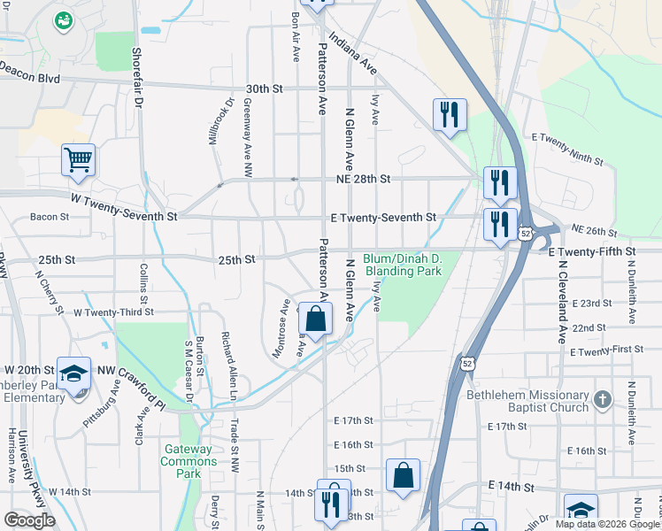 map of restaurants, bars, coffee shops, grocery stores, and more near 2424 Glenn Avenue Northeast in Winston-Salem